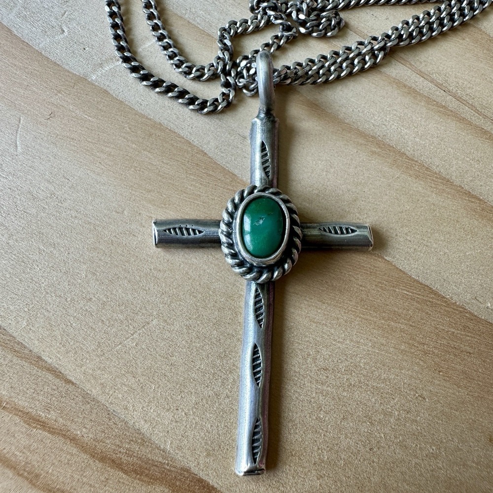 VTG Navajo Pendant Necklace 22 Inch Turquoise Cross Mexican Chain Sterling 7.9g